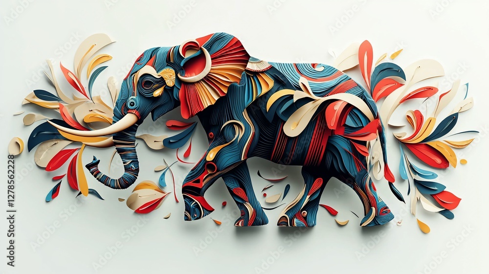 Obraz premium Ornate papercut elephant amidst vibrant floral design.