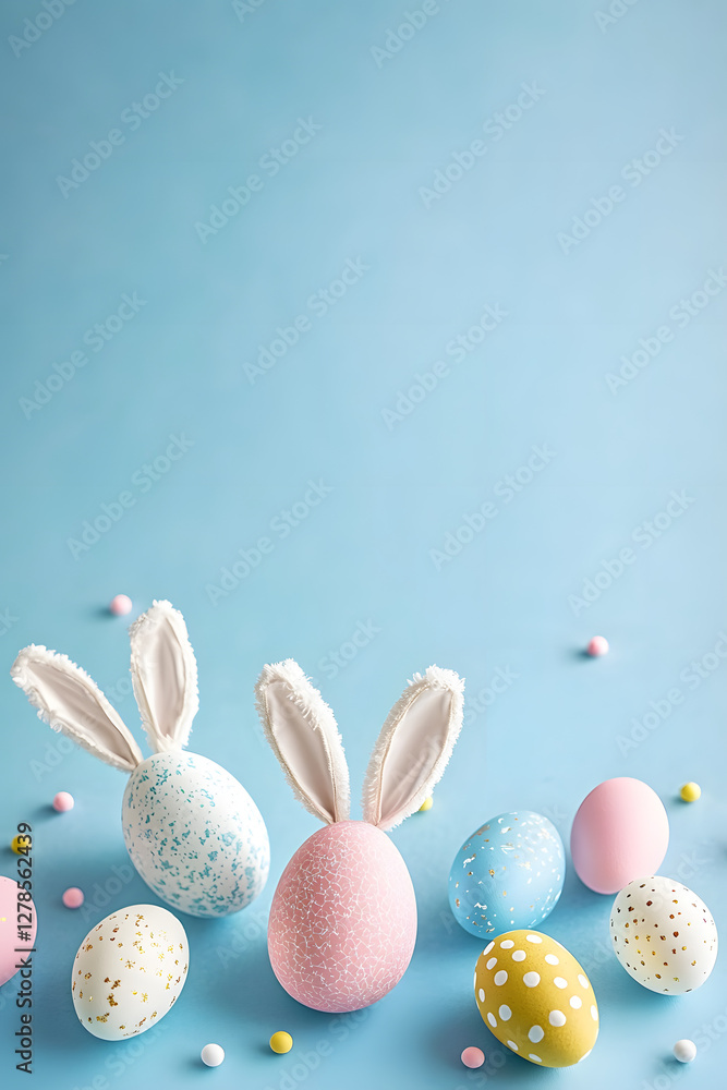 Decorative vertical Easter eggs in pastel shades and bunny ears arranged on a blue background Decorative vertical Easter eggs in pastel shades and bunny ears arranged on a blue background