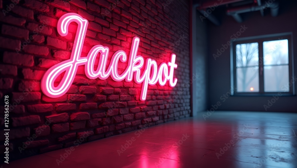 Obraz premium Photo of a room with a brick wall on the right, a large window on the left, and a neon sign that says 