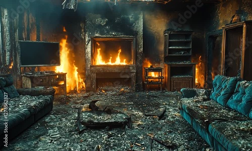 A charred living room after a devastating fire, showcasing burnt furniture and flames in the background
