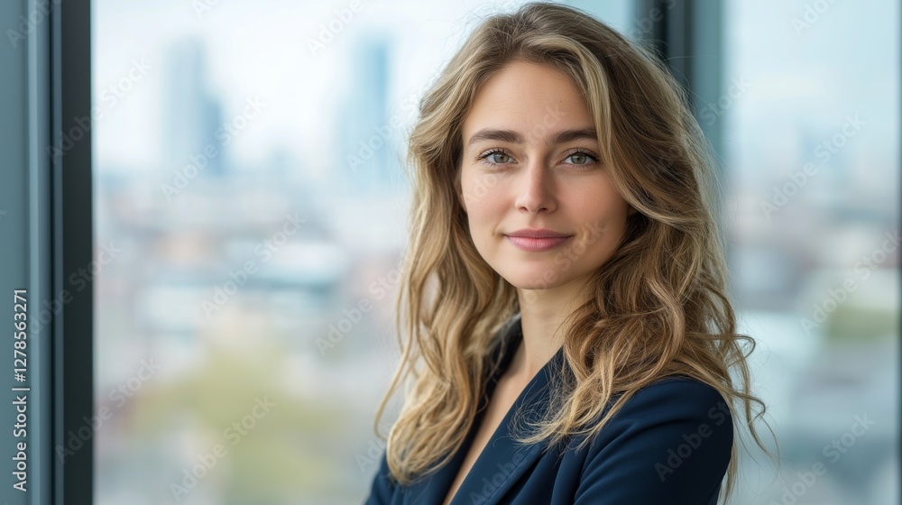 A confident businesswoman standing in front of a glass window overlooking a cityscape. A confident businesswoman standing in front of a glass window overlooking a cityscape.