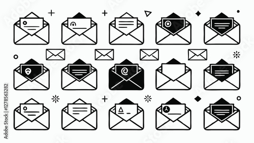 Hand-Drawn Email Icon Set with Notification and Read Status in Blue and Dark Theme