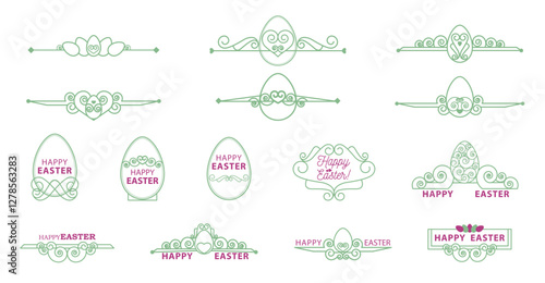 Set of decorative dividers with Easter eggs, curls and a greeting phrase. Egg...