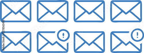 Hand-Drawn Email Icon Set with Notification and Read Status in Blue and Dark Theme