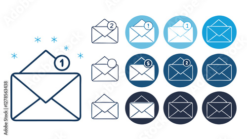 Hand-Drawn Email Icon Set with Notification and Read Status in Blue and Dark Theme