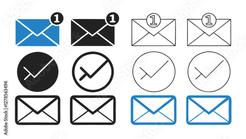 Hand-Drawn Email Icon Set with Notification and Read Status in Blue and Dark Theme