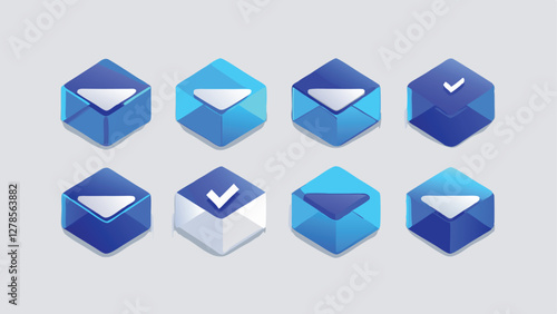 Hand-Drawn Email Icon Set with Notification and Read Status in Blue and Dark Theme