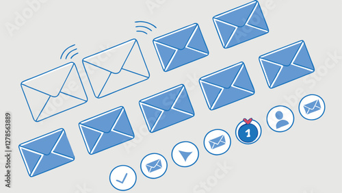 Hand-Drawn Email Icon Set with Notification and Read Status in Blue and Dark Theme