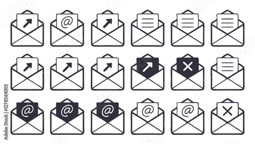 Hand-Drawn Email Icon Set with Notification and Read Status in Blue and Dark Theme