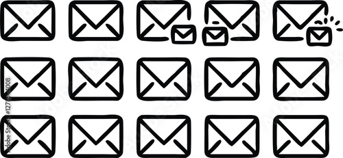 Hand-Drawn Email Icon Set with Notification and Read Status in Blue and Dark Theme