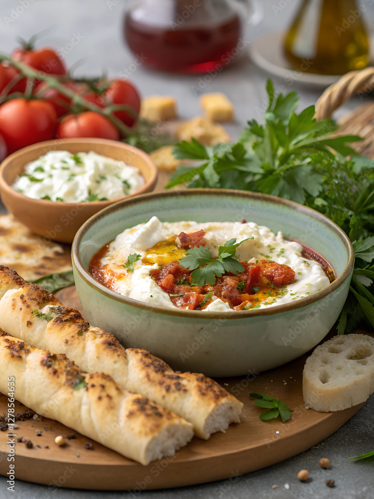 A delicious spread featuring creamy dip, breadsticks, and fresh vegetables
A delicious spread featuring creamy dip, breadsticks, and fresh vegetables