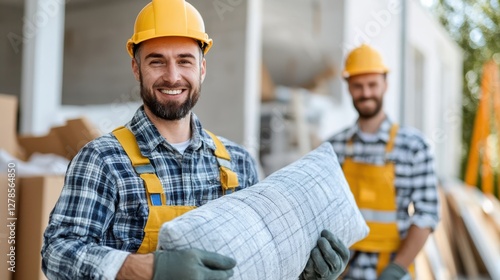 Movers transport a stylish couch with smiles in a clean environment