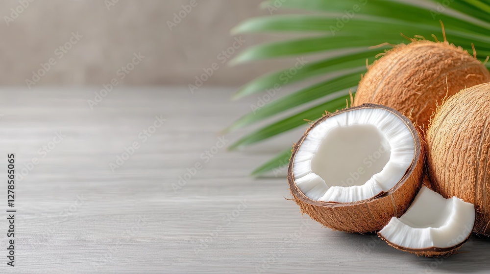 Delightful coconuts reveal white pulp against rustic wooden backdrop Delightful coconuts reveal white pulp against rustic wooden backdrop