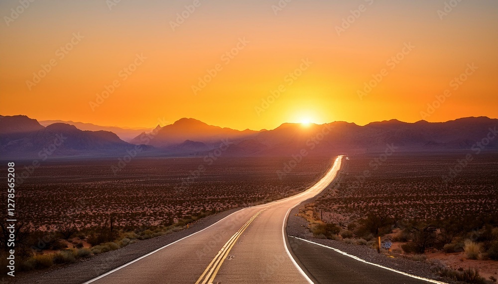 Fototapeta premium asphalt highway vanishing into a vibrant sunset over a vast mountainous desert landscape