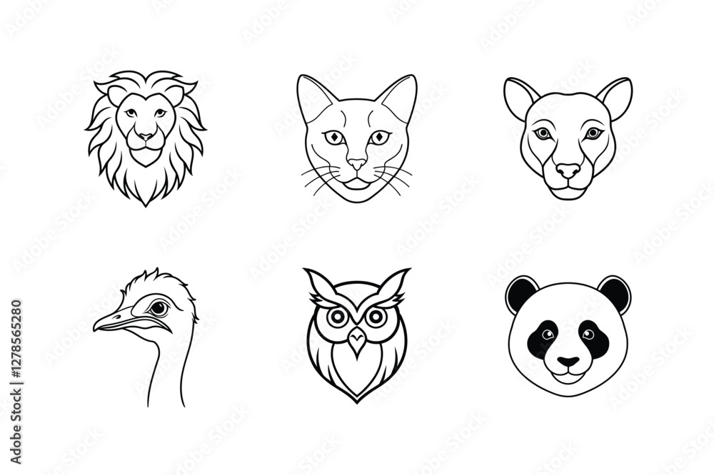 Fototapeta premium Set of animal head vector line art