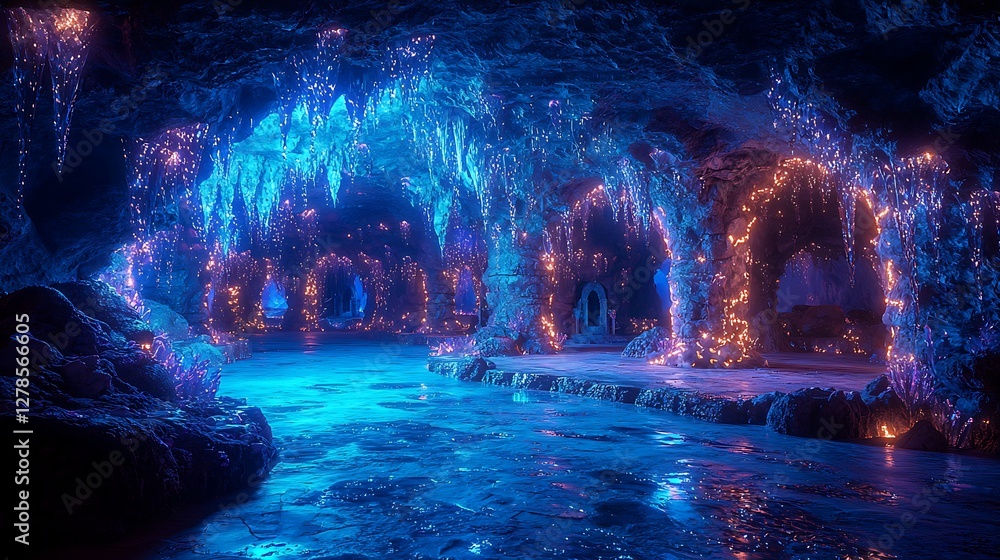 Fototapeta premium Enchanting Cave: A mesmerizing view of a luminescent cave system with glowing blue waters and enchanting rock formations, creating an atmosphere of wonder and fantasy.