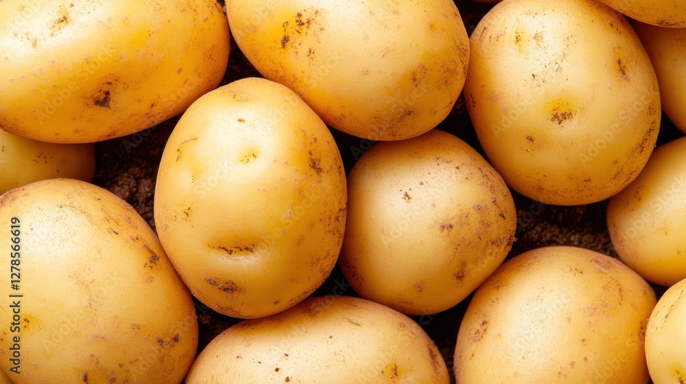 Organic yellow potatoes resting in rich, earthy soil under sunlight Organic yellow potatoes resting in rich, earthy soil under sunlight
