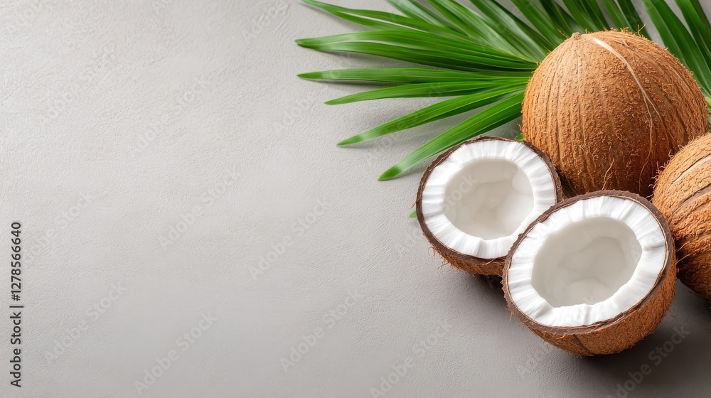 Freshly cracked coconuts reveal creamy pulp on a rustic wooden surface Freshly cracked coconuts reveal creamy pulp on a rustic wooden surface