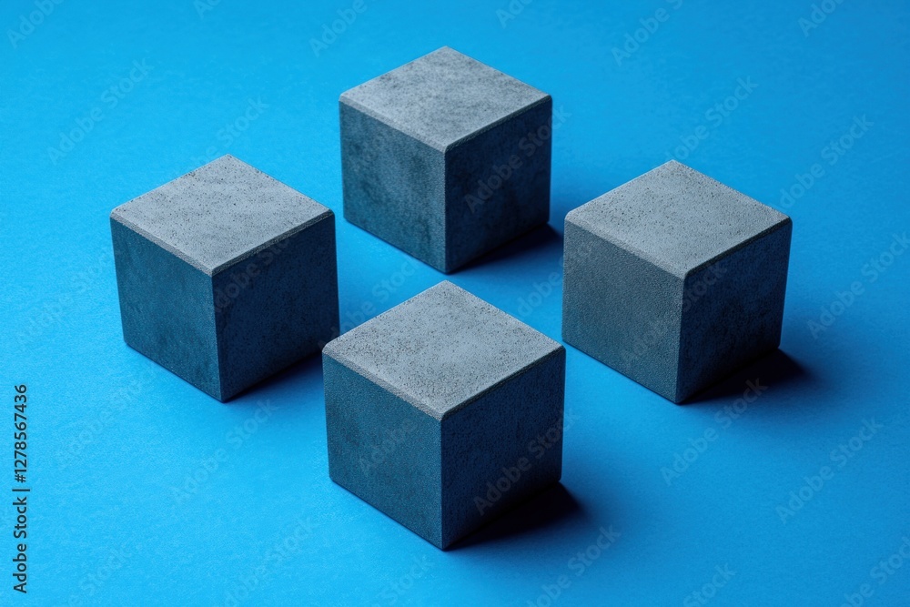 Four gray concrete cubes arranged in a plus sign on a blue background. Four gray concrete cubes arranged in a plus sign on a blue background.
