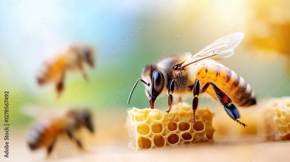 Beekeeper tending to hives and collecting honey in a sunny apiary Beekeeper tending to hives and collecting honey in a sunny apiary