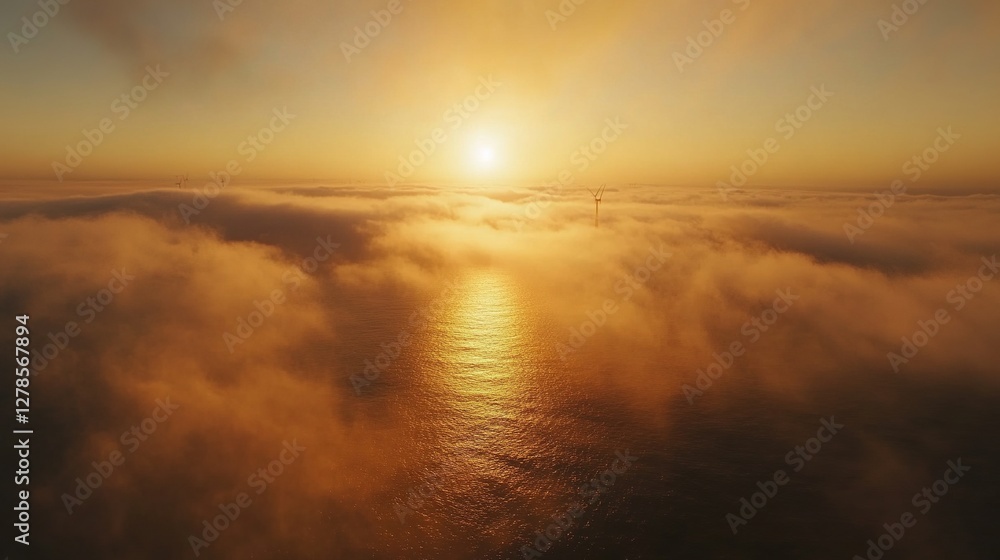 Aerial view of offshore wind farm at sunrise, turbines emerging from ocean mist, golden light reflecting on blades Aerial view of offshore wind farm at sunrise, turbines emerging from ocean mist, golden light reflecting on blades