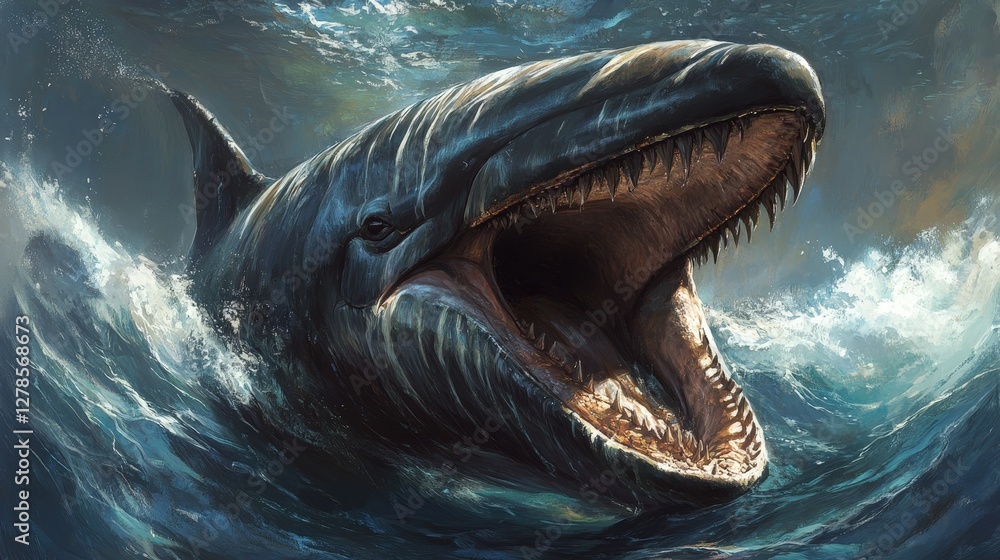 Obraz premium A shark’s mouth gapes wide, showcasing razor-sharp teeth. Its head tilts slightly left, adding dynamism to the fierce expression