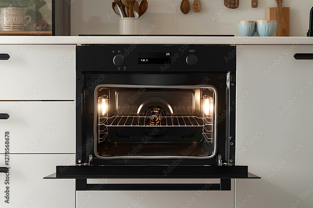 empty electric oven with two black round handles integrated in a modern kitchen with the door slightly open at 45 degress and the light is on empty electric oven with two black round handles integrated in a modern kitchen with the door slightly open at 45 degress and the light is on