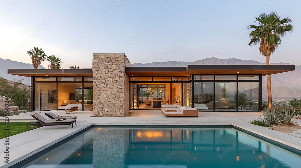 Obraz premium Desert modern home poolside sunset