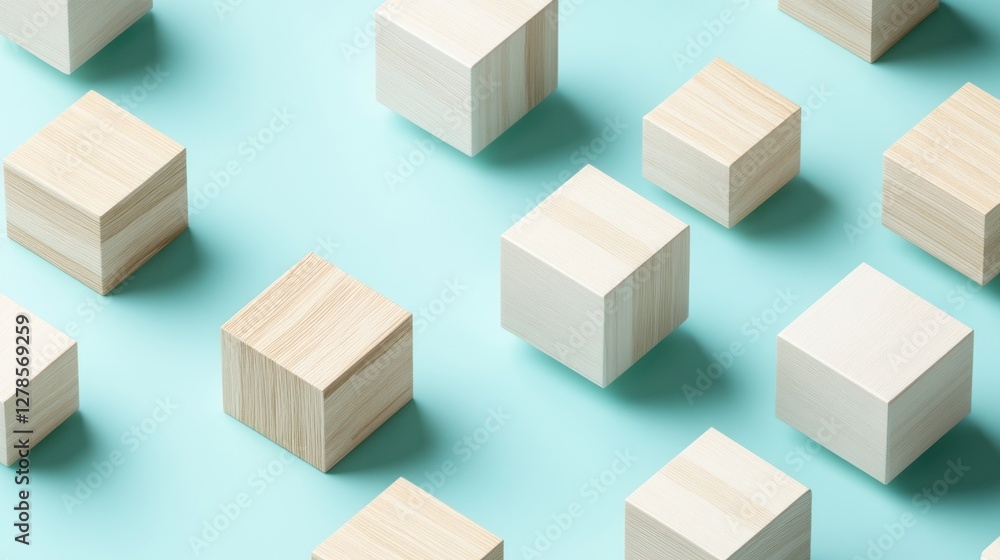 Fototapeta premium Pastel blue background with scattered wooden and white cubes.