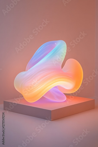 Rippled, molten form rendered in luminous pastel stripes, set against a subdued dusty rose plane,
