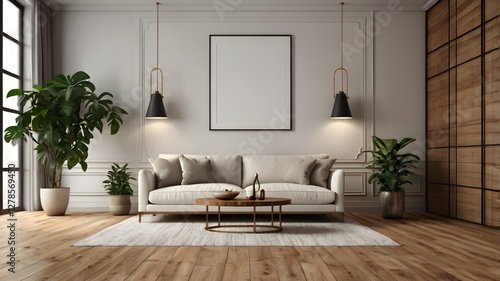 Fototapeta Naklejka Na Ścianę i Meble -  Living room interior wall mock up with white sofa plant and lamp on empty wood floor background- 3D rendering.