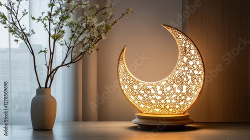Illuminated Wooden Crescent Moon Lamp on Tabletop
