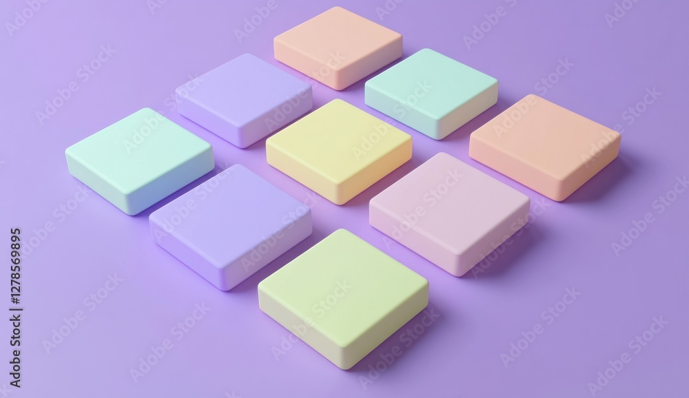 Pastel cubes arranged in a grid pattern on a purple background. Pastel cubes arranged in a grid pattern on a purple background.