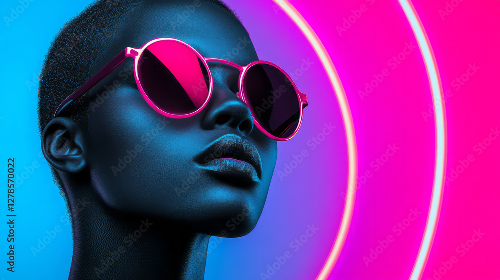 Abstract composition featuring a metallic mannequin face under a neon cyan arc, the reflective Abstract composition featuring a metallic mannequin face under a neon cyan arc, the reflective