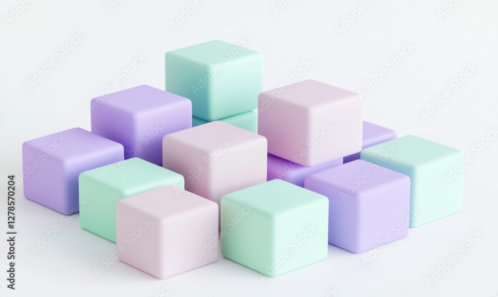Pastel cubes arranged in a pyramid shape on white background. Pastel cubes arranged in a pyramid shape on white background.