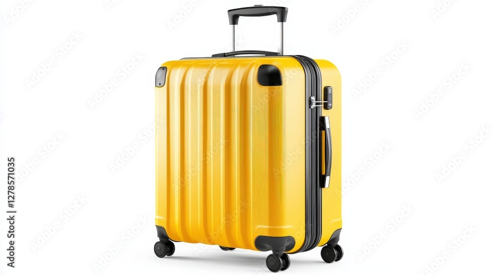 A bright yellow hard shell suitcase on wheels A bright yellow hard shell suitcase on wheels