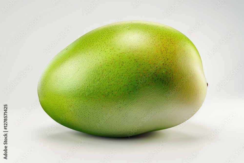 A single ripe green mango rests on a white background A single ripe green mango rests on a white background