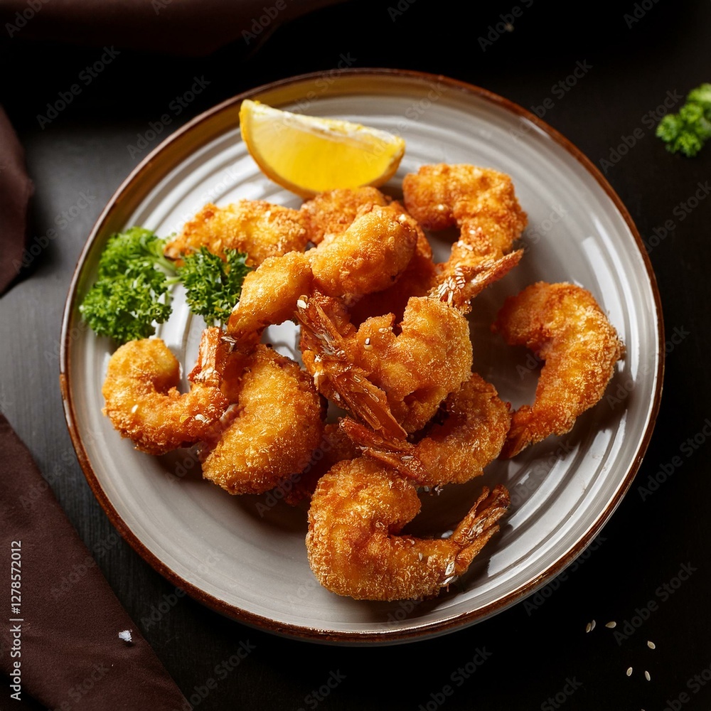 A plate of crispy, golden-brown fried shrimp with a crunchy coating, served hot and fresh, highlighting its juicy texture and rich flavor A plate of crispy, golden-brown fried shrimp with a crunchy coating, served hot and fresh, highlighting its juicy texture and rich flavor