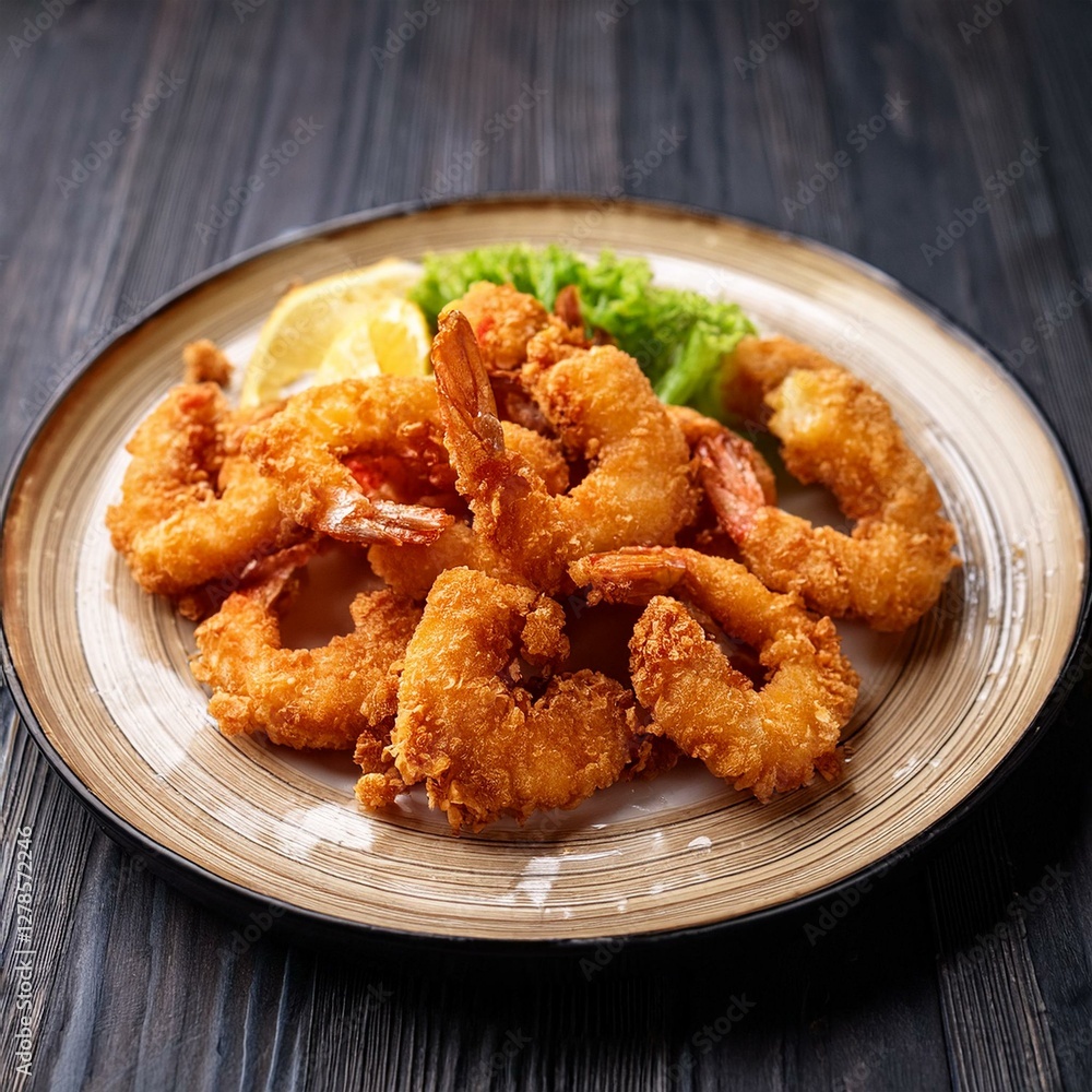 A plate of crispy, golden-brown fried shrimp with a crunchy coating, served hot and fresh, highlighting its juicy texture and rich flavor A plate of crispy, golden-brown fried shrimp with a crunchy coating, served hot and fresh, highlighting its juicy texture and rich flavor