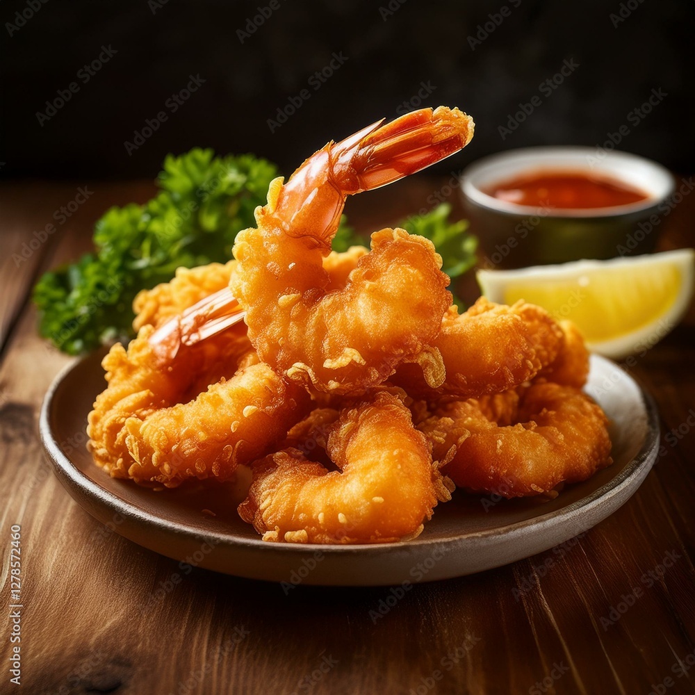 A plate of crispy, golden-brown fried shrimp with a crunchy coating, served hot and fresh, highlighting its juicy texture and rich flavor A plate of crispy, golden-brown fried shrimp with a crunchy coating, served hot and fresh, highlighting its juicy texture and rich flavor