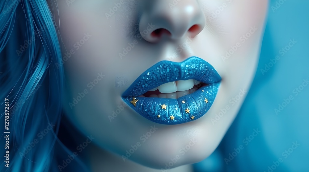 Fototapeta premium Close-up of a woman's face, emphasizing lips painted with blue glittery lipstick and a gold star constellation pattern. Blue skin, eyes, hair, fur, and background