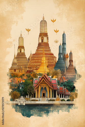 Bangkok Temple Skyline – Majestic Thai Architecture Digital Illustration