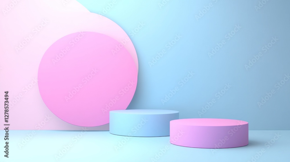 Pastel pink and blue podiums on light blue background. Pastel pink and blue podiums on light blue background.