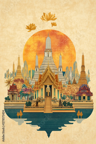 Bangkok Temple Skyline – Majestic Thai Architecture Digital Illustration