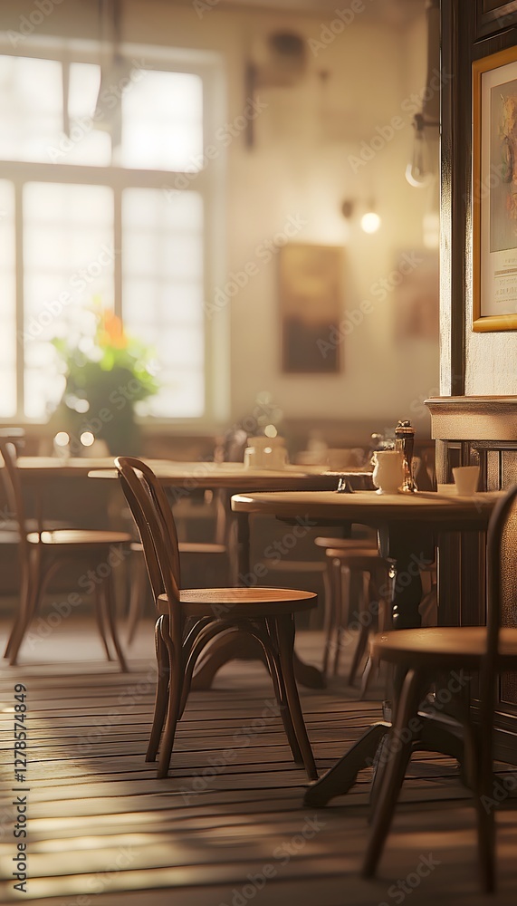 Cozy cafe interior features wooden chairs and tables bathed in light Cozy cafe interior features wooden chairs and tables bathed in light