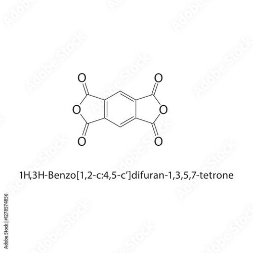1H,3H-Benzo[1,2-c:4,5-c’]difuran-1,3,5,7-tetrone skeletal structure.Dione compound schematic illustration. Simple diagram, chemical formula.