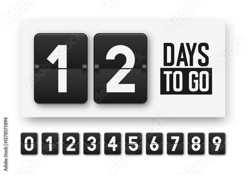 Countdown days to go, days left banner. Countdown days remaining banner in a retro flip clock style. Promotional banner showcasing days to go. Stylized counter and timer in vintage style. Vector