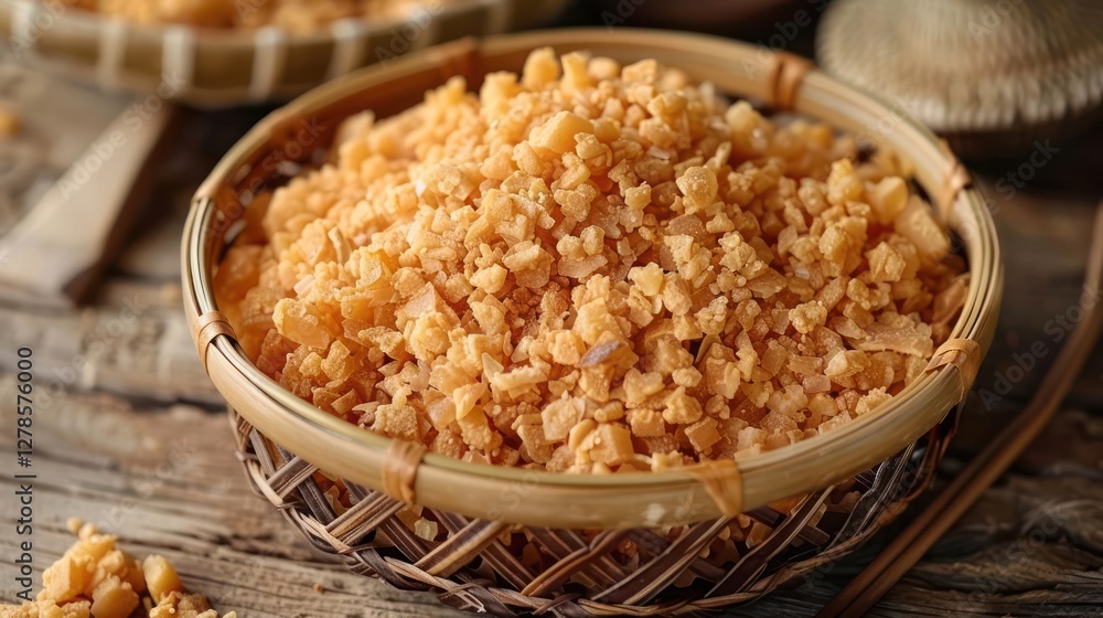 A woven basket filled with finely chopped yellow food, likely a cooking ingredient. A woven basket filled with finely chopped yellow food, likely a cooking ingredient.