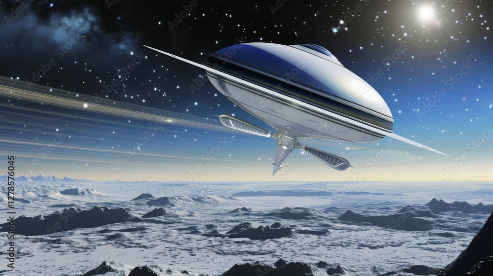 Fototapeta premium Futuristic spacecraft hovering above icy Uranus surface, distant stars and faint rings visible, symbolizing outer solar system exploration with advanced technology.