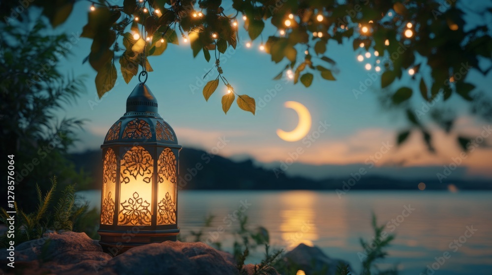 Fototapeta premium Serene Lakeside Night Scene with Illuminated Lantern and Crescent Moon